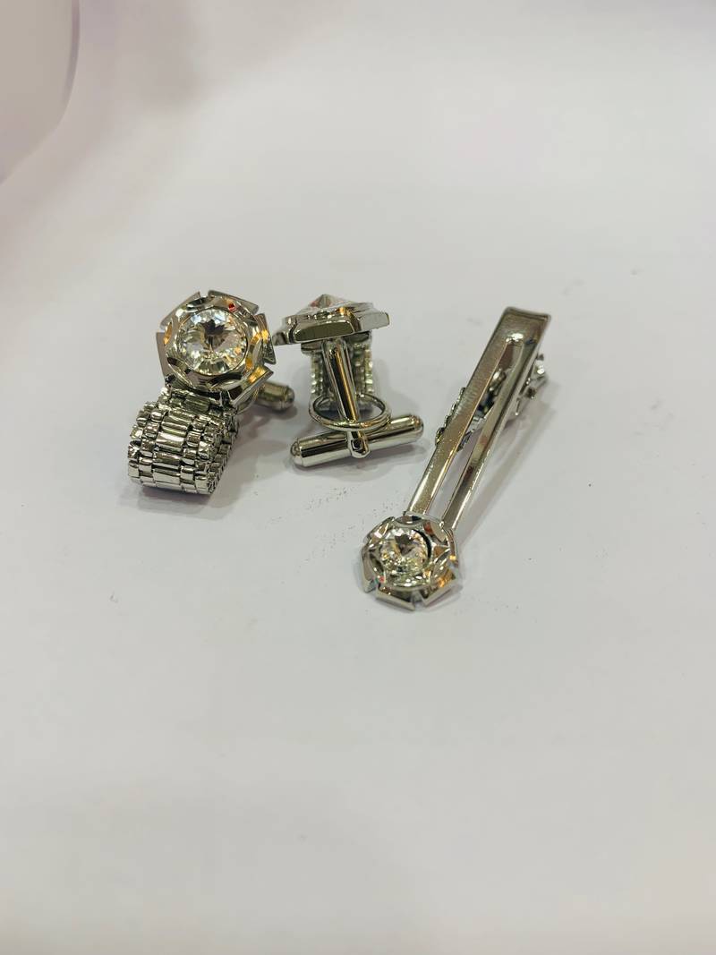 Cufflinks Silver Diamond color and matching tie pin for men