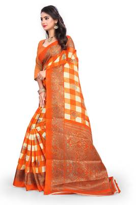 Orange printed bhagalpuri saree with blouse 2