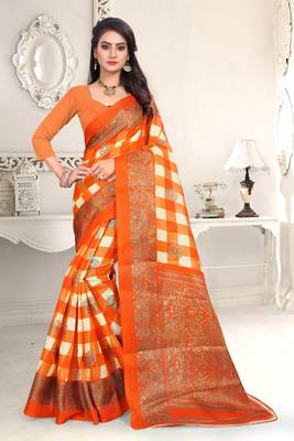 Orange printed bhagalpuri saree with blouse 3