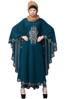 Designer Embroidered Kaftan Abaya- Teal Green 1