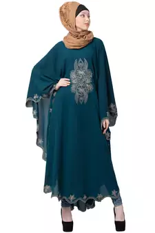 Designer Embroidered Kaftan Abaya- Teal Green