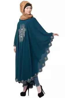 Designer Embroidered Kaftan Abaya- Teal Green
