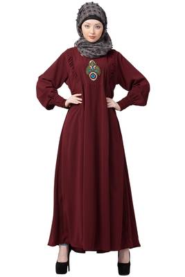 Maroon Embroidered Umbrella Cut Nida Abaya 1