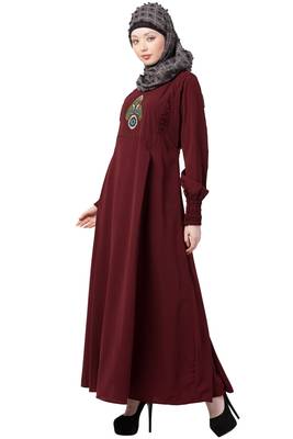Maroon Embroidered Umbrella Cut Nida Abaya 2