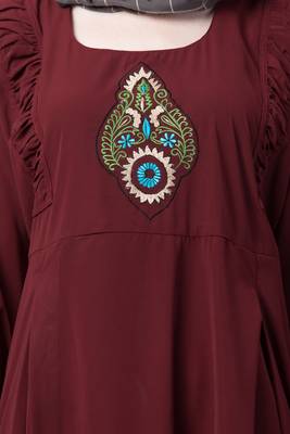Maroon Embroidered Umbrella Cut Nida Abaya 3