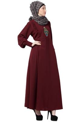 Maroon Embroidered Umbrella Cut Nida Abaya 5