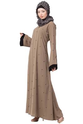 A-Line Abaya With Black Border Sleeves- Beige Color 2