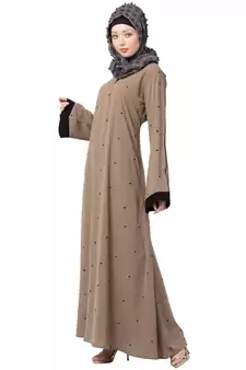 A-Line Abaya With Black Border Sleeves- Beige Color