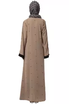 A-Line Abaya With Black Border Sleeves- Beige Color