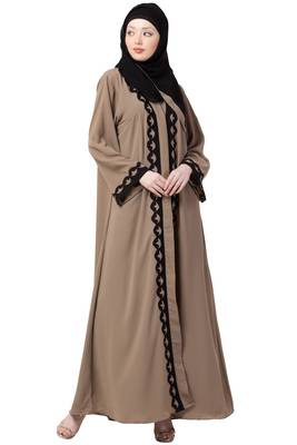 Patch Work Front Open Abaya- Beige 1