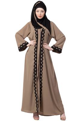 Patch Work Front Open Abaya- Beige 2
