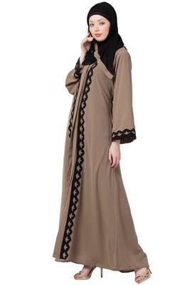 Patch Work Front Open Abaya- Beige 3