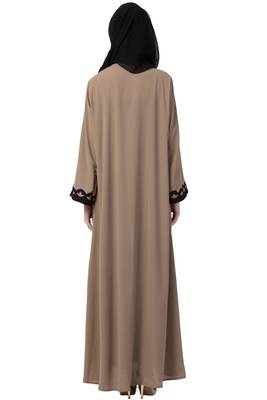 Patch Work Front Open Abaya- Beige 5