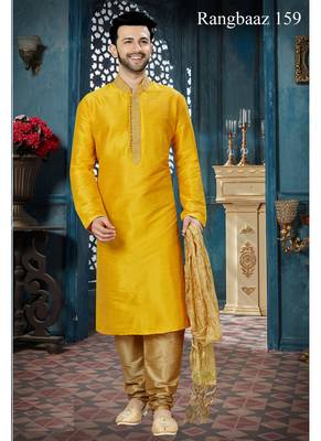 Yellow embroidered art silk kurta pajama 1