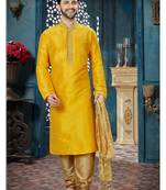 Yellow embroidered art silk kurta pajama