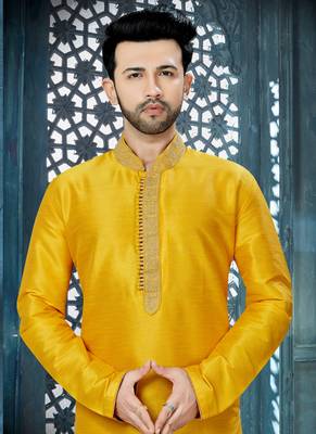 Yellow embroidered art silk kurta pajama 2