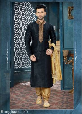 Black embroidered art silk kurta pajama 1
