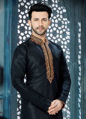 Black embroidered art silk kurta pajama 2