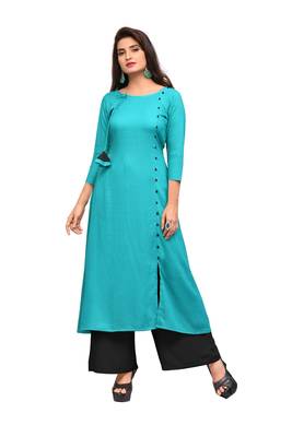 Sky-blue printed rayon long-kurtis 1