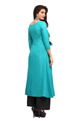 Sky-blue printed rayon long-kurtis 2