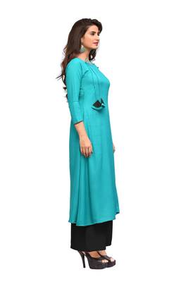 Sky-blue printed rayon long-kurtis 3