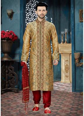 beige embroidered art silk kurta pajama 1