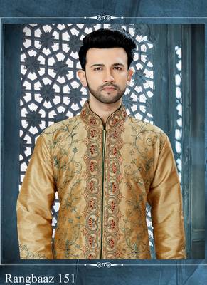 beige embroidered art silk kurta pajama 2