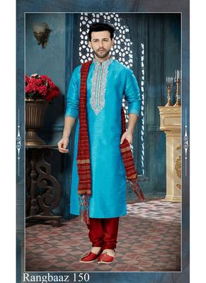 turquoise embroidered art silk kurta pajama 1