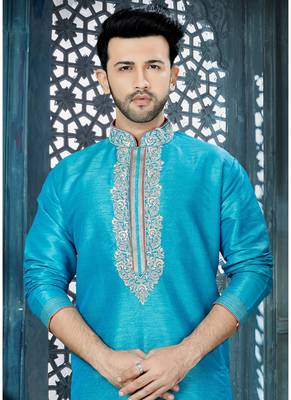 turquoise embroidered art silk kurta pajama 2