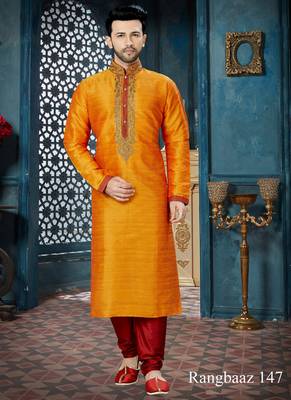 yellow embroidered art silk kurta pajama 1