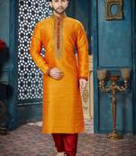 yellow embroidered art silk kurta pajama