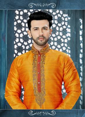 yellow embroidered art silk kurta pajama 2