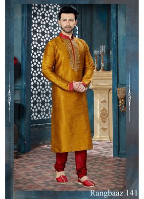 Mustard embroidered art silk kurta pajama 1