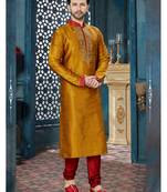 Mustard embroidered art silk kurta pajama