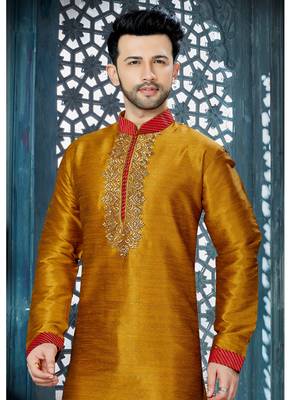 Mustard embroidered art silk kurta pajama 2