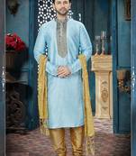 turquoise embroidered art silk kurta pajama