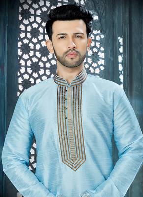 turquoise embroidered art silk kurta pajama 2