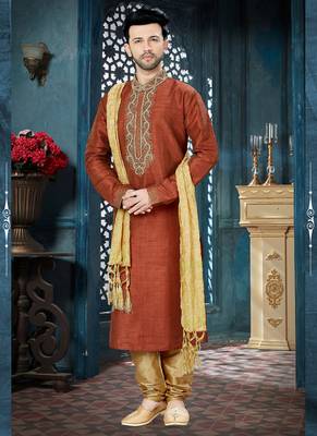 orange embroidered art silk kurta pajama 1