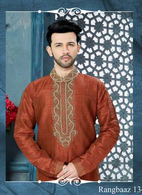 orange embroidered art silk kurta pajama 2