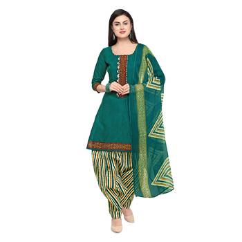 Green Printed Cotton Unstitched Salwar With Dupatta 1