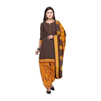 Brown Printed Cotton Unstitched Salwar With Dupatta 1
