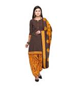 Brown Printed Cotton Unstitched Salwar With Dupatta