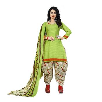 Light-Green Printed Cotton Unstitched Salwar With Dupatta 1