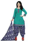 Dark-Green Printed Cotton Unstitched Salwar With Dupatta