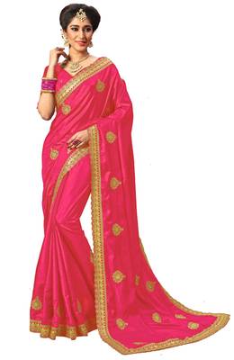 pink embroidered silk blend saree with blouse 1