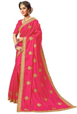 pink embroidered silk blend saree with blouse 3