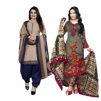 Beige Printed Cotton Unstitched Salwar With Dupatta 1
