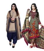 Beige Printed Cotton Unstitched Salwar With Dupatta