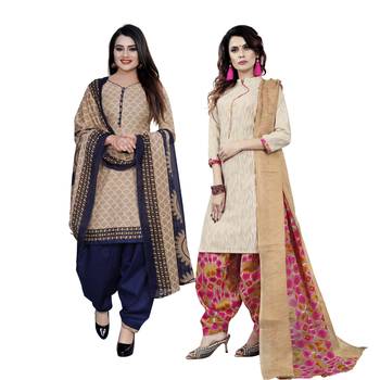 Beige Printed Cotton Unstitched Salwar With Dupatta 1