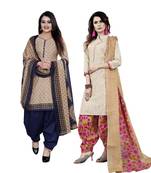 Beige Printed Cotton Unstitched Salwar With Dupatta